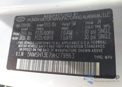 2009 Hyundai Santa Fe Se из США, поврежденный, VIN 5NMSH13E79H279863